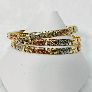 Three Large Bangle Bracelets w/Elephants Mixed Metal Colors